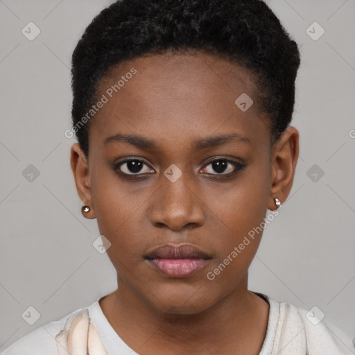 Neutral black young-adult female with short  black hair and brown eyes