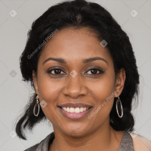 Joyful black young-adult female with medium  black hair and brown eyes