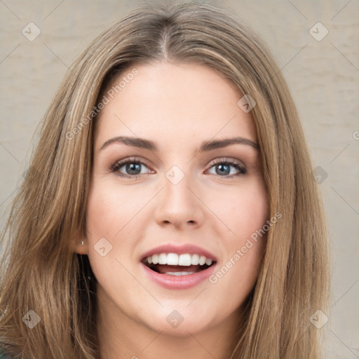 Joyful white young-adult female with long  brown hair and green eyes