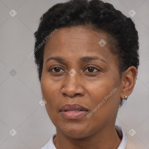 Joyful black adult female with short  brown hair and brown eyes