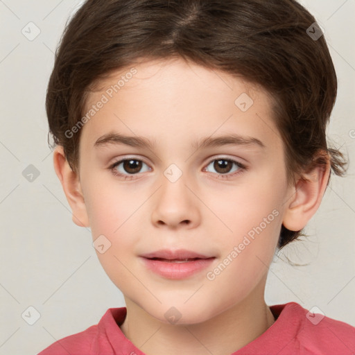 Joyful white child female with short  brown hair and brown eyes