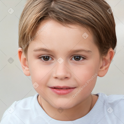 Joyful white child male with short  brown hair and brown eyes