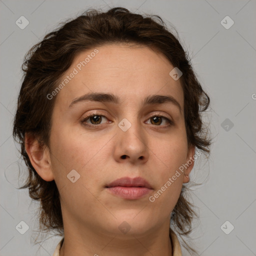 Neutral white young-adult female with medium  brown hair and brown eyes