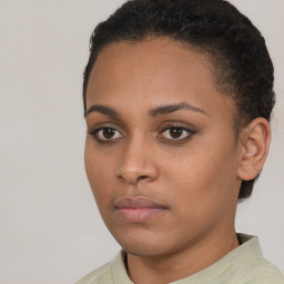 Neutral black young-adult female with short  brown hair and brown eyes