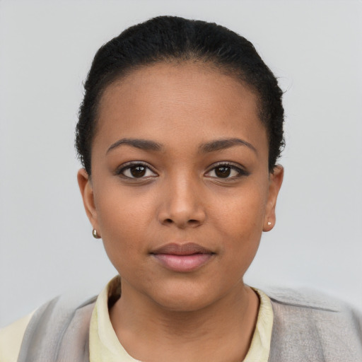 Neutral latino young-adult female with short  brown hair and brown eyes