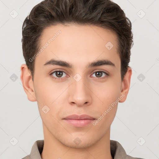 Neutral white young-adult male with short  brown hair and brown eyes