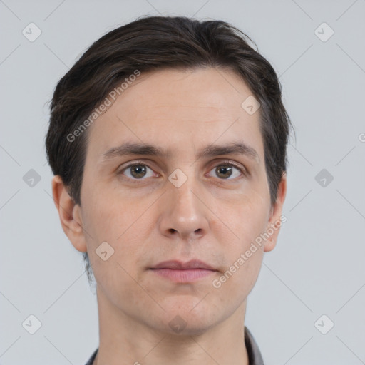 Neutral white adult male with short  brown hair and brown eyes