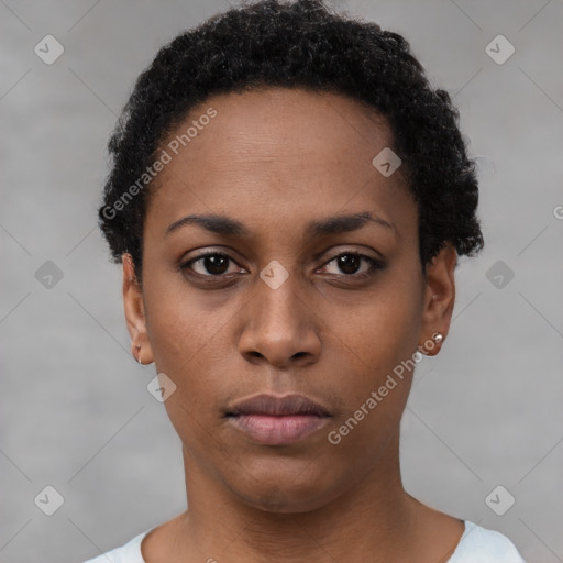 Neutral black young-adult female with short  black hair and brown eyes