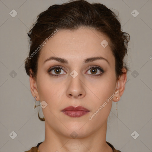 Neutral white young-adult female with short  brown hair and brown eyes