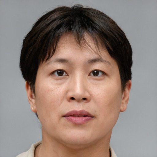 Joyful asian adult female with short  brown hair and brown eyes
