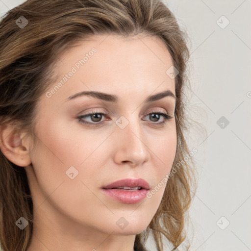 Neutral white young-adult female with long  brown hair and brown eyes