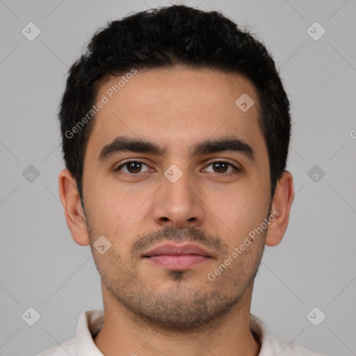 Neutral latino young-adult male with short  black hair and brown eyes