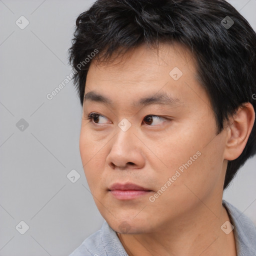 Neutral asian young-adult male with short  black hair and brown eyes