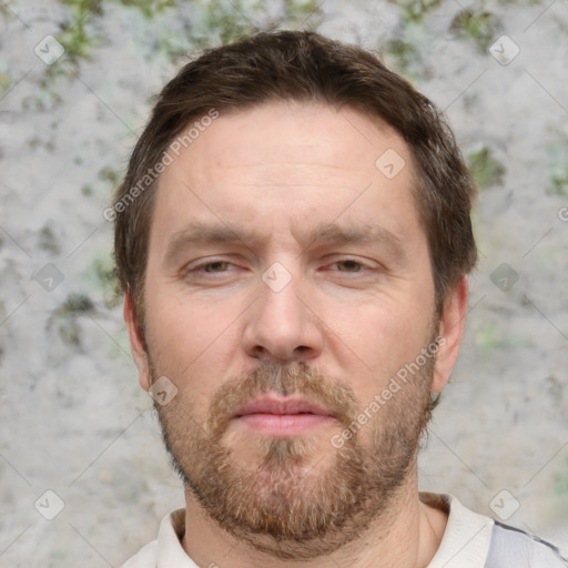 Neutral white adult male with short  brown hair and brown eyes