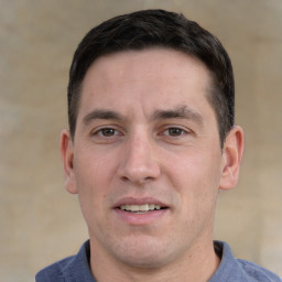 Joyful white adult male with short  brown hair and brown eyes