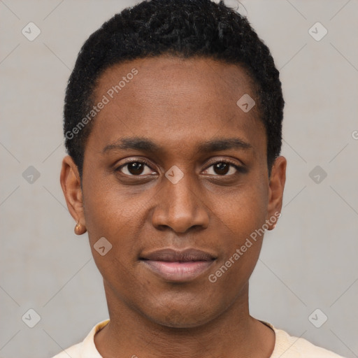 Joyful black young-adult male with short  black hair and brown eyes