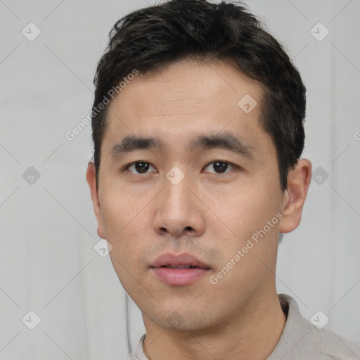 Neutral asian young-adult male with short  black hair and brown eyes