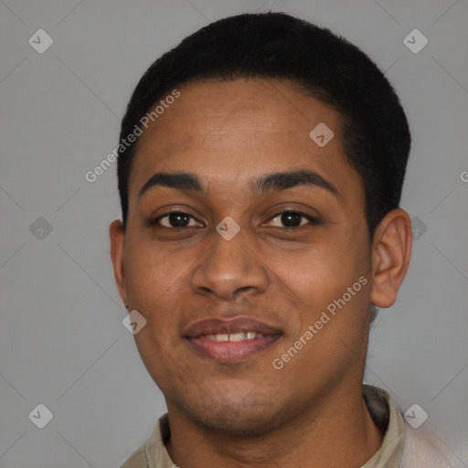 Joyful black young-adult female with short  black hair and brown eyes