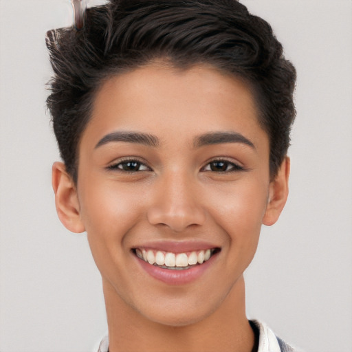 Joyful white young-adult female with short  black hair and brown eyes