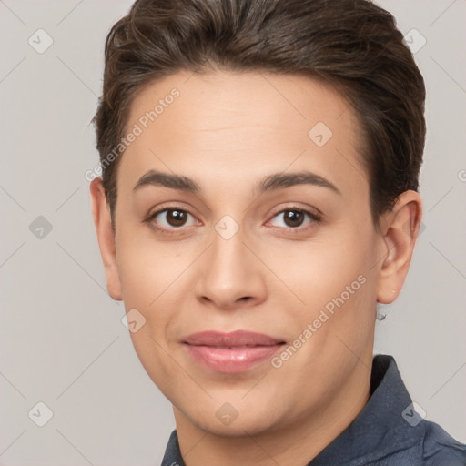 Joyful white young-adult female with short  brown hair and brown eyes