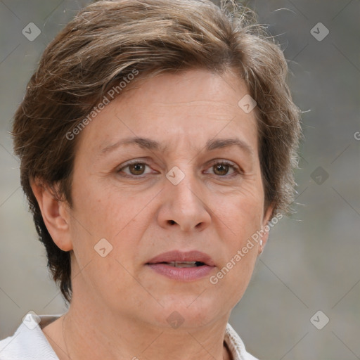 Joyful white adult female with short  brown hair and brown eyes