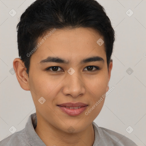 Joyful latino young-adult male with short  brown hair and brown eyes