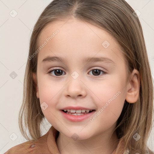 Joyful white child female with medium  brown hair and brown eyes