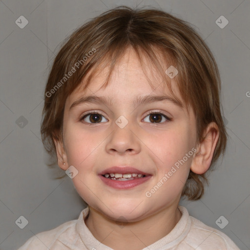 Joyful white child female with medium  brown hair and brown eyes