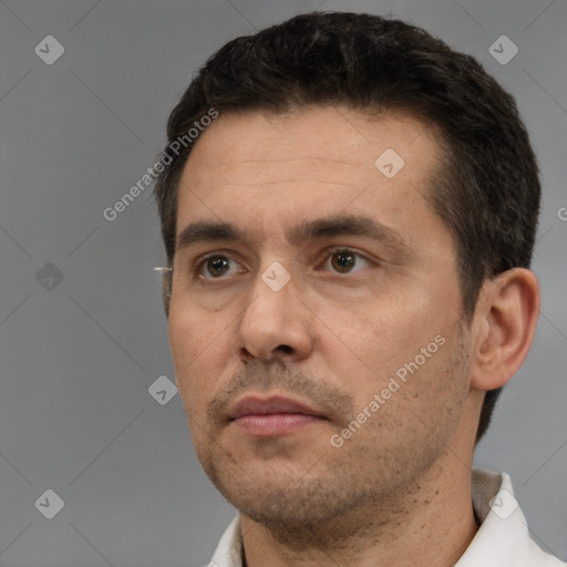 Neutral white adult male with short  brown hair and brown eyes