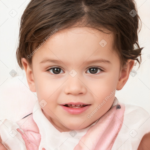 Joyful white child female with short  brown hair and brown eyes