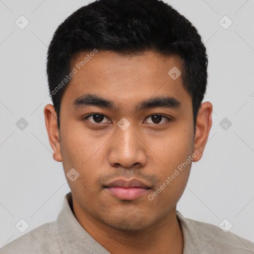 Neutral asian young-adult male with short  black hair and brown eyes