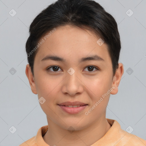 Joyful asian young-adult female with short  brown hair and brown eyes