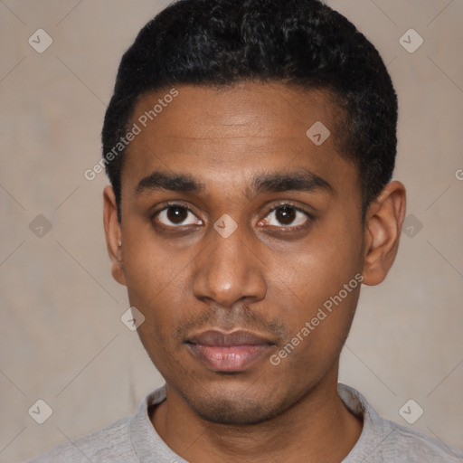 Neutral latino young-adult male with short  black hair and brown eyes