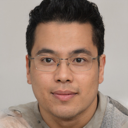 Joyful asian adult male with short  brown hair and brown eyes