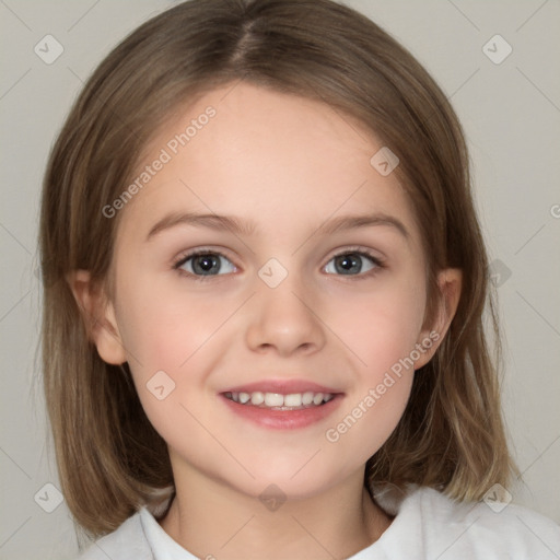 Joyful white child female with medium  brown hair and brown eyes