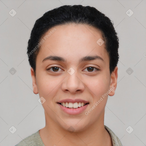 Joyful latino young-adult female with short  black hair and brown eyes