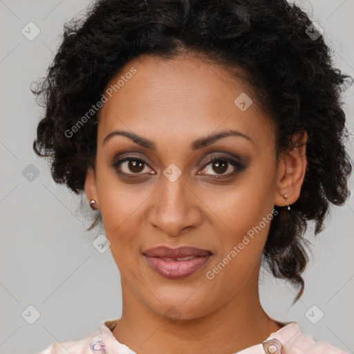 Joyful black young-adult female with medium  brown hair and brown eyes