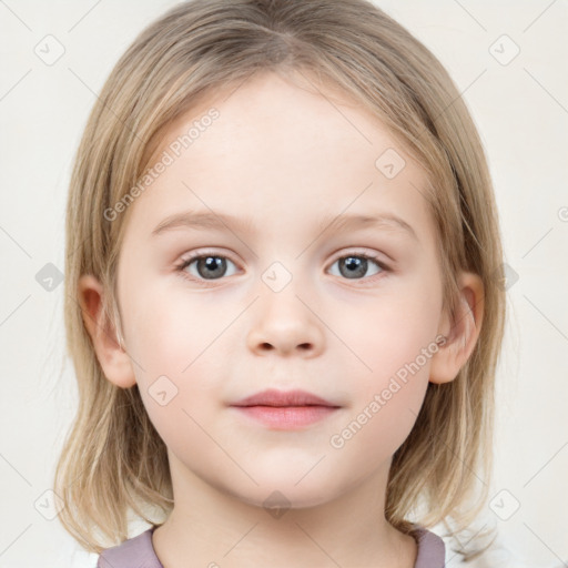 Neutral white child female with medium  brown hair and blue eyes