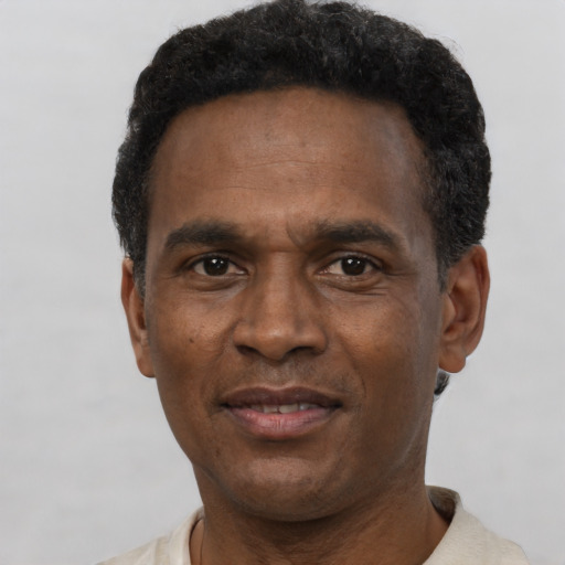 Neutral black adult male with short  black hair and brown eyes