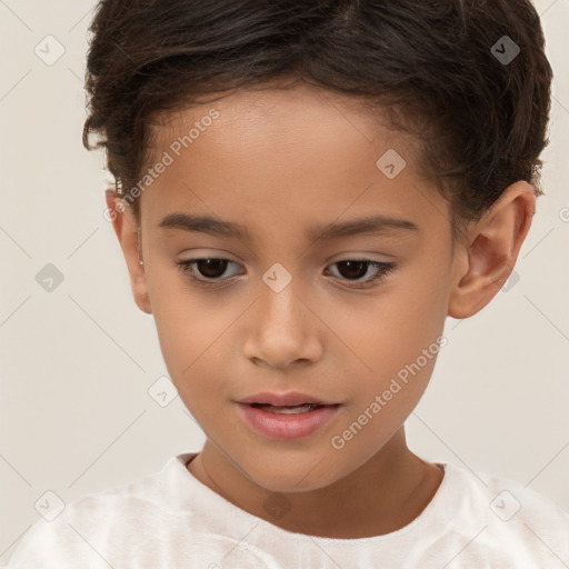 Joyful white child female with short  brown hair and brown eyes