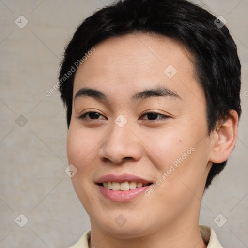 Joyful asian young-adult female with medium  brown hair and brown eyes