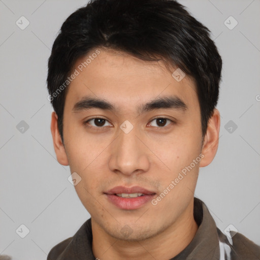 Neutral asian young-adult male with short  black hair and brown eyes