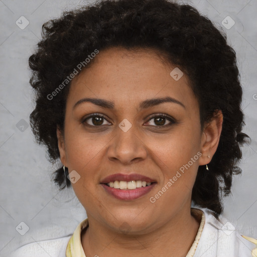 Joyful white adult female with short  brown hair and brown eyes