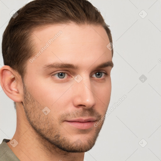 Neutral white young-adult male with short  brown hair and grey eyes