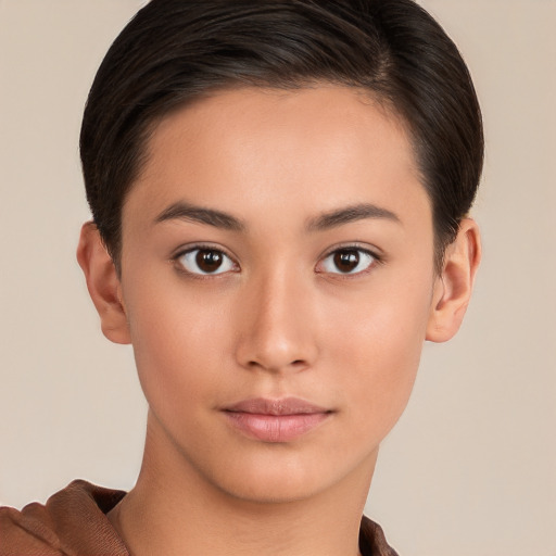 Neutral white young-adult female with short  brown hair and brown eyes