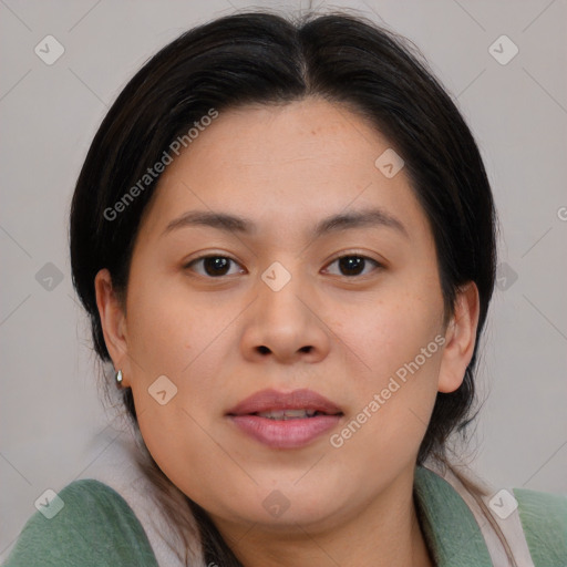 Joyful asian young-adult female with medium  brown hair and brown eyes