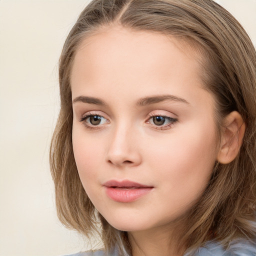 Neutral white child female with long  brown hair and brown eyes