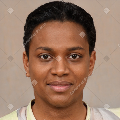 Joyful black young-adult female with short  black hair and brown eyes