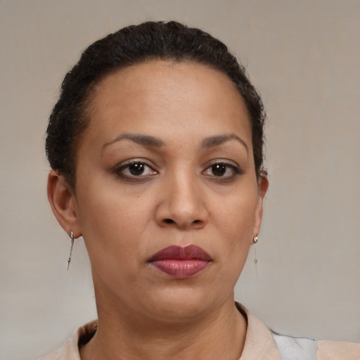 Neutral black young-adult female with short  brown hair and brown eyes