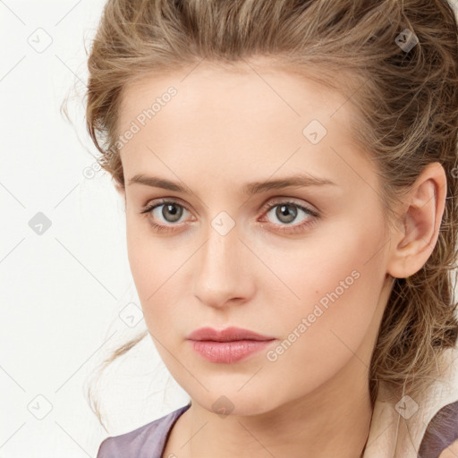 Neutral white young-adult female with medium  brown hair and blue eyes